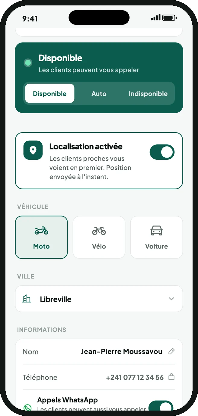 Écran de Livro Pro : localisation activée, les clients proches voient le livreur en premier